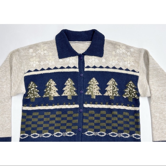 Navy Beige Button Down Embroidered Christmas Scene Sweater Knit Cardigan - Picture 13 of 16